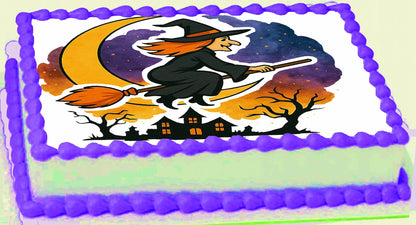 Halloween-themed edible icing image cake with a witch on a broomstick design.