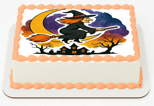 Custom Edible Cake Topper – Halloween Witches Night Ride Design – 1/4 Sheet Cake (9x13) – Precut Icing Sheet – RA Pape
