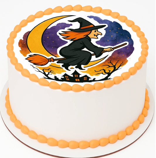 Custom Edible Cake Topper – Halloween Witches Night Ride Design – Pre-cut 8" Round Icing Sheet – RA Pape