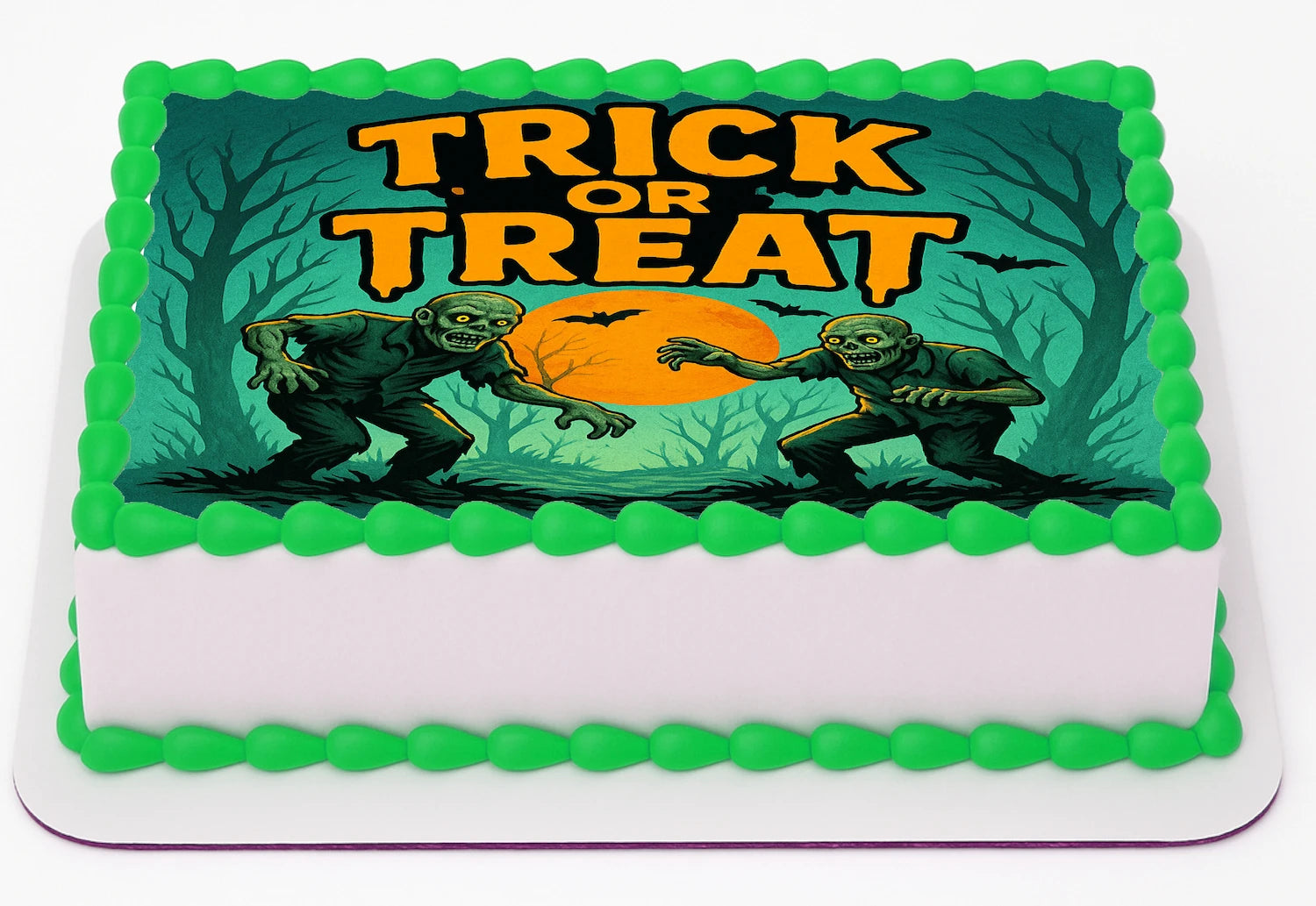Custom Edible Cake Topper – Halloween Zombies Need Treats Too Design – 1/4 Sheet Cake (9x13) – Precut Icing Sheet – RA Pape