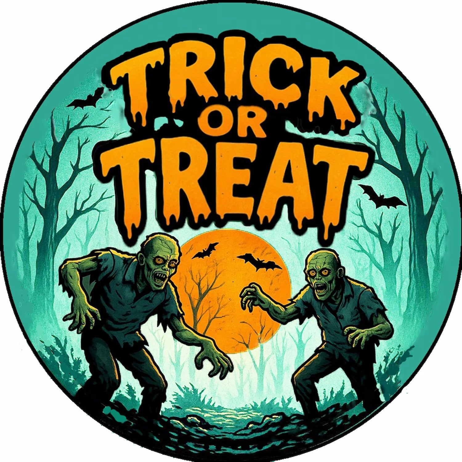 Halloween-themed edible image cake topper design with zombies and 'Trick or Treat' text.