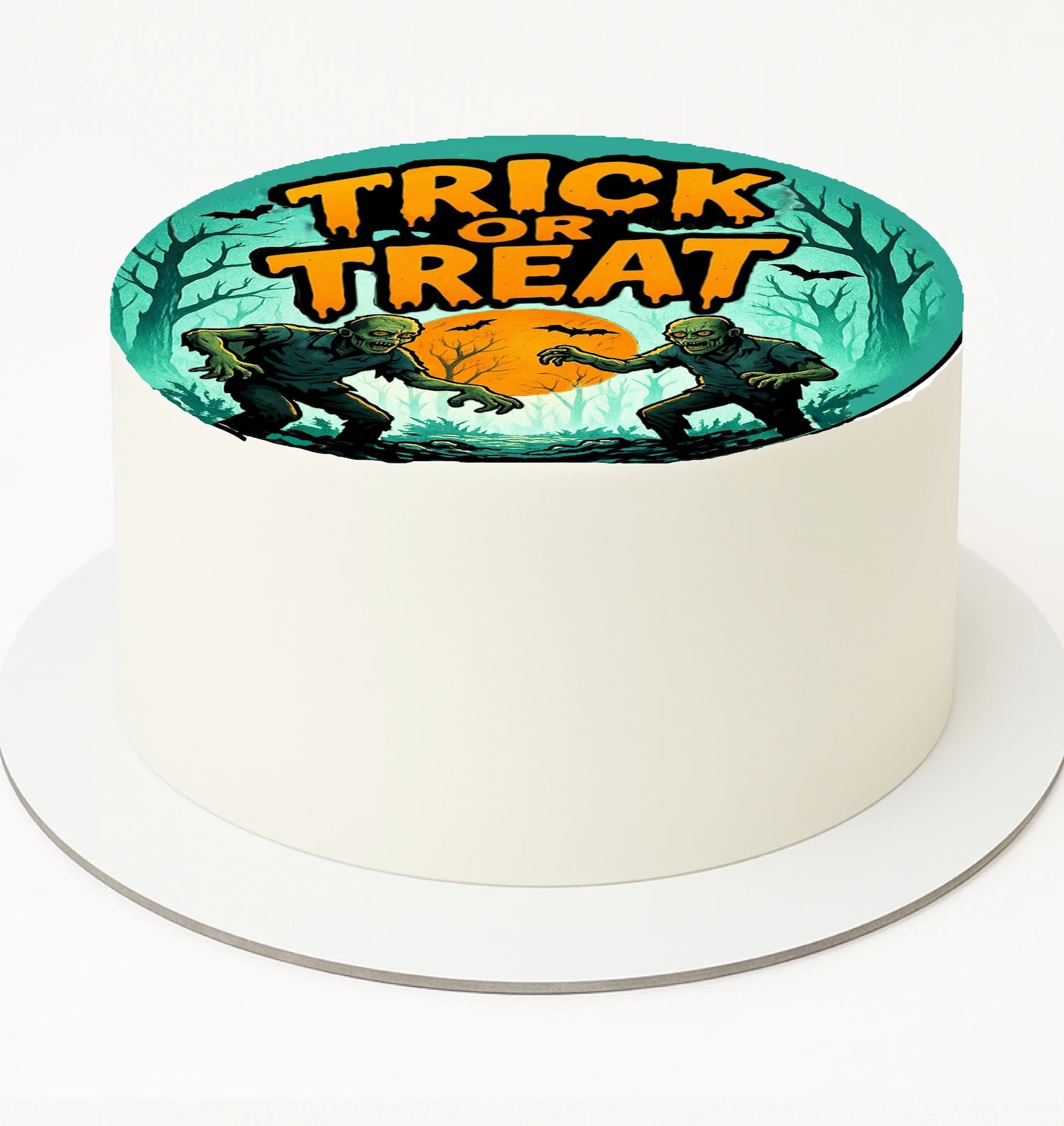 Cake topper edible image with 'Trick or Treat' text and Halloween-themed design with zombies in front of full moon.