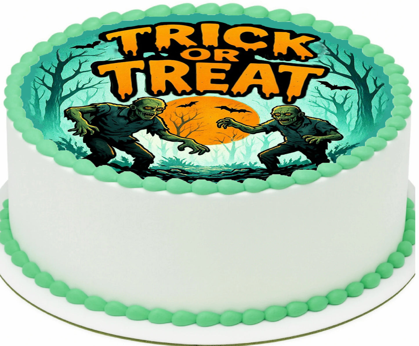 Custom Edible Cake Topper – Halloween Zombies Need Treats Too Design – Pre-cut 8" Round Icing Sheet – RA Pape
