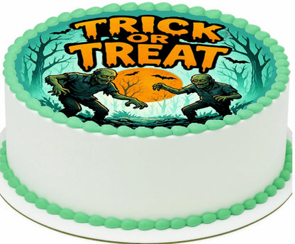 Custom Edible Cake Topper – Halloween Zombies Need Treats Too Design – Pre-cut 8" Round Icing Sheet – RA Pape