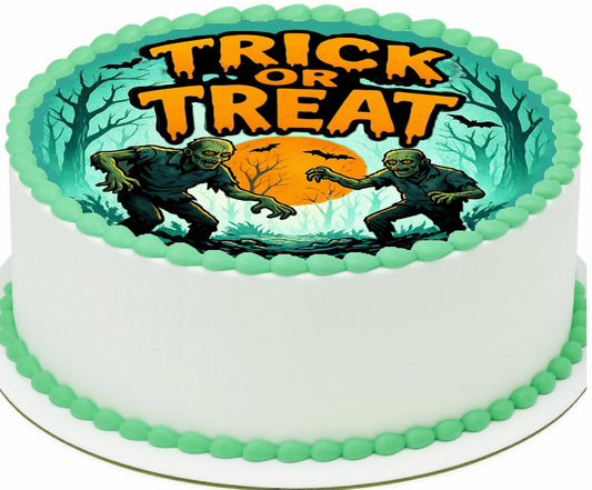 Custom Edible Cake Topper – Halloween Zombies Need Treats Too Design – Pre-cut 8" Round Icing Sheet – RA Pape