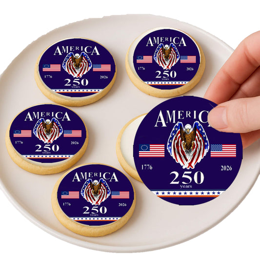 Custom Edible Cake Topper Happy 250 Birthday USA Design – Icing Sheet Cookie & Cupcake Images –20 Pre-cut 2” Round– RA Pape