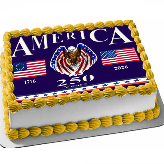 Custom Edible Cake Topper – Happy 250 Birthday USA Design – 1/4 Sheet Cake (9x13) – Precut Icing Sheet – RA Pape