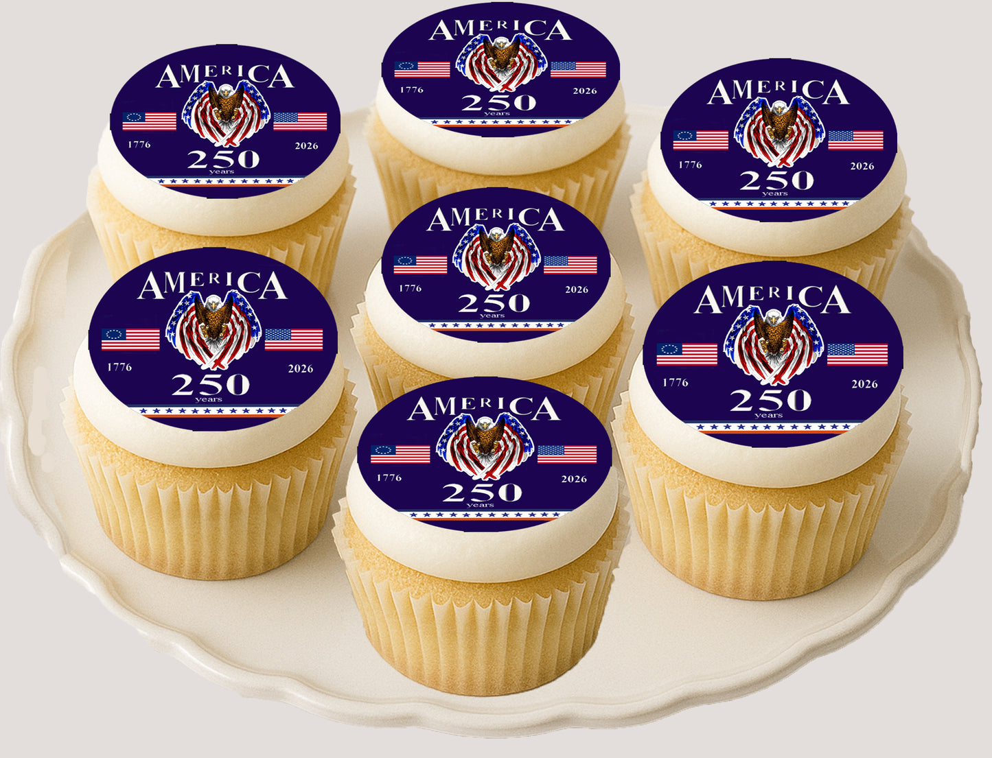 Cupcakes with 'America 250' themed Edible Cookie and cupcake toppers on them.