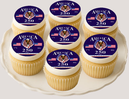 Cupcakes with 'America 250' themed Edible Cookie and cupcake toppers on them.