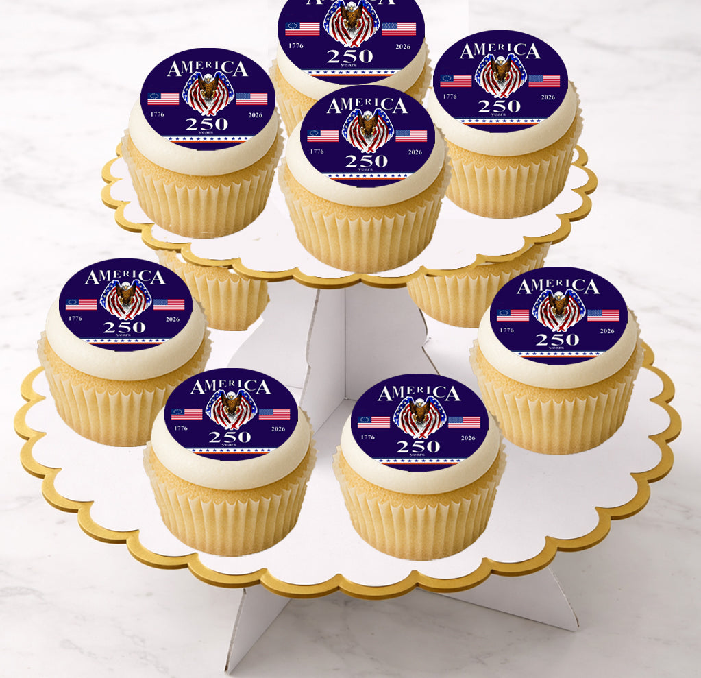 Happy 250 Birthday USA Edible Image Cookie & Cupcake Toppers – Precut 2” Rounds Easy to apply