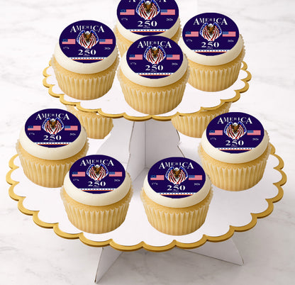 Happy 250 Birthday USA Edible Image Cookie & Cupcake Toppers – Precut 2” Rounds Easy to apply