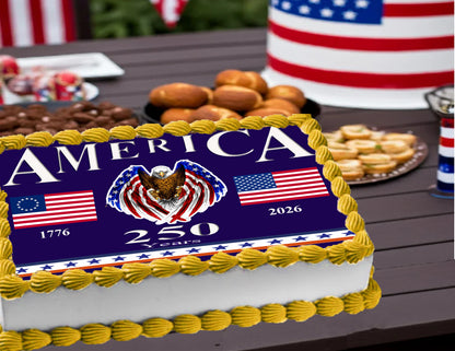 Happy 250 Birthday USA edible image cake topper sheet - patriotic red white and blue design for America's 250th anniversary celebration
