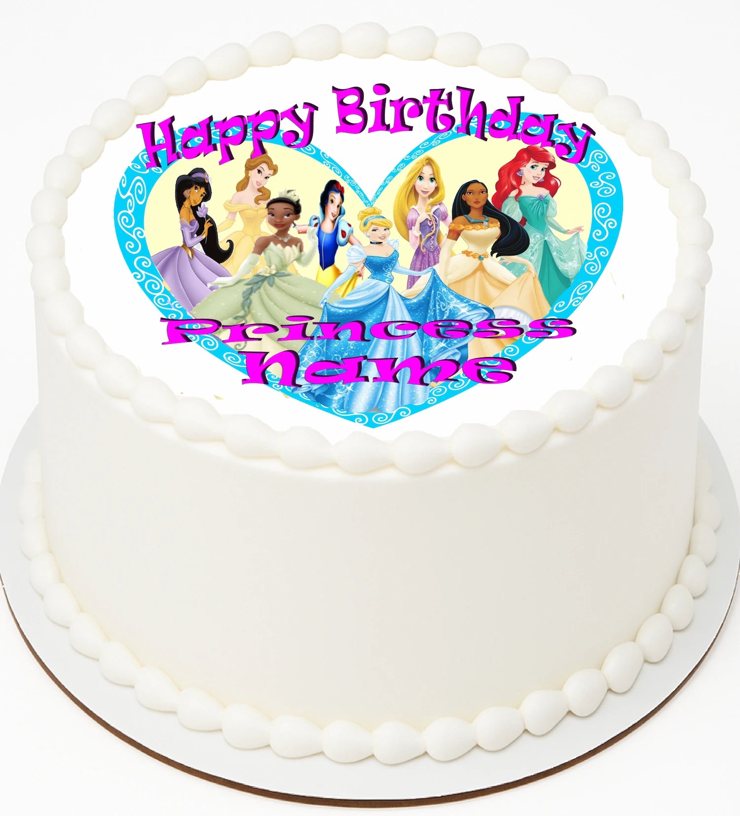 Birthday cake with Prencess-themed decoration featuring eight characters