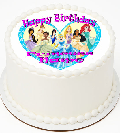 Birthday cake with Prencess-themed decoration featuring eight characters