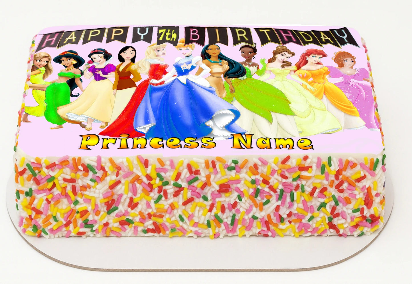 Edible Icing Images Sheet Cake Topper with Disney Princesses-themed decoration featuring text personalized with name and age