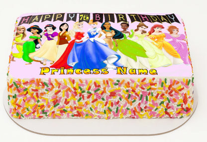 Edible Icing Images Sheet Cake Topper with Disney Princesses-themed decoration featuring text personalized with name and age