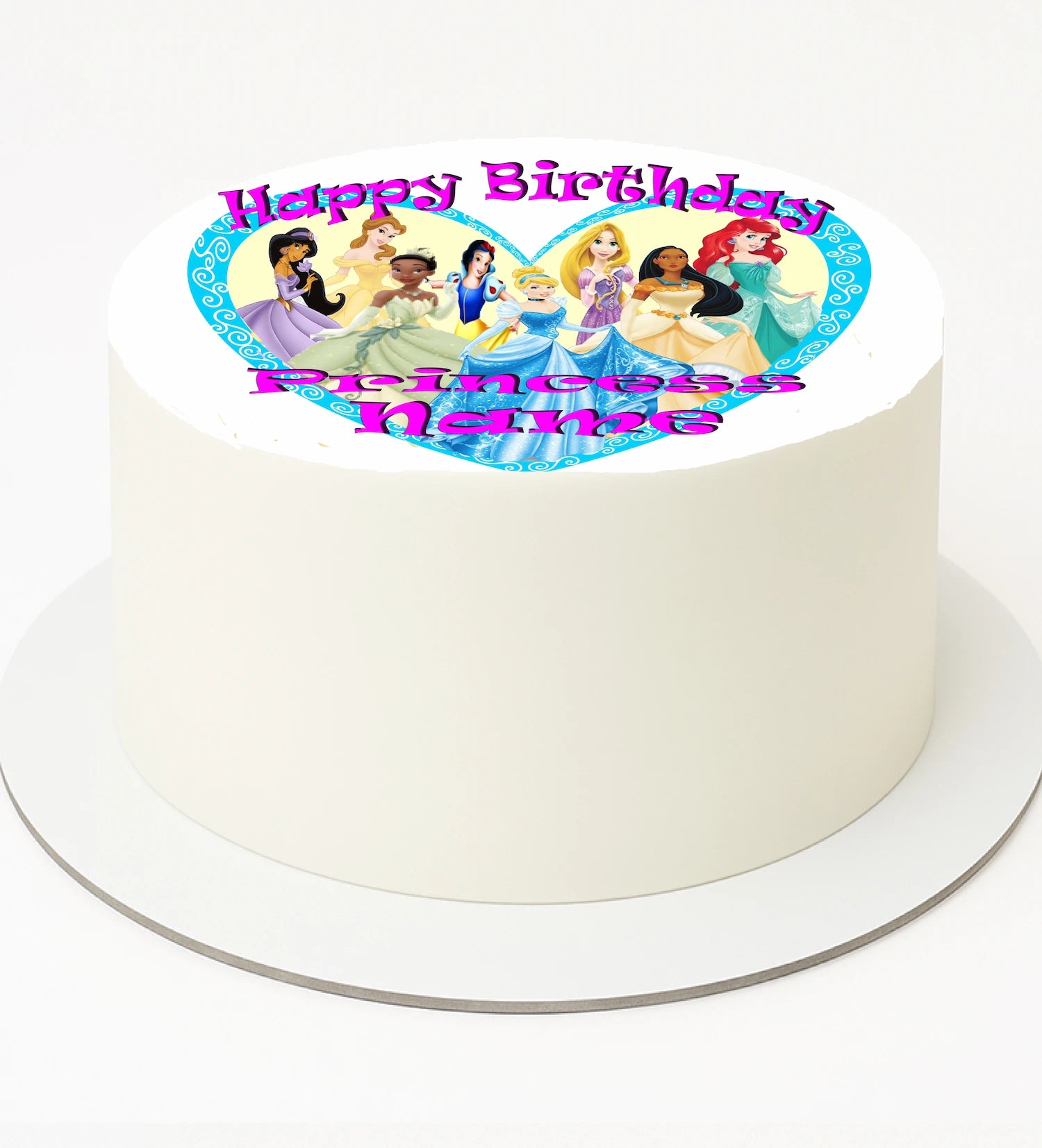 Round cake with Disney princesses on a heart-shaped topper