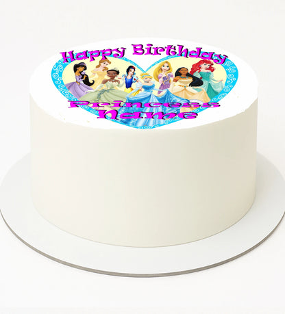 Round cake with Disney princesses on a heart-shaped topper