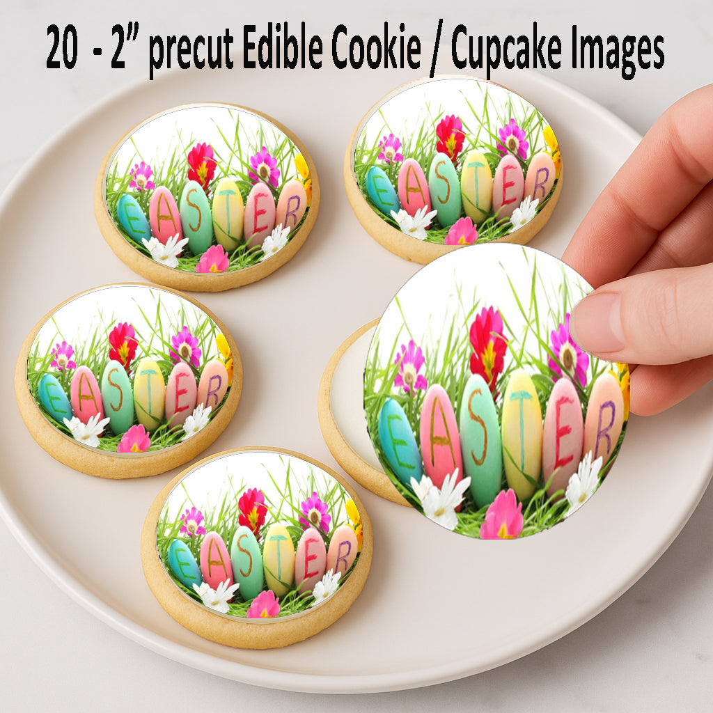 Happy Easter Tulips Edible Cookie Image –  Precut 2” Rounds