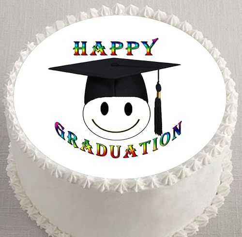 Custom Edible Cake Topper – Happy Face Graduation Design – Pre-cut 8" Round Icing Sheet – RA Pape