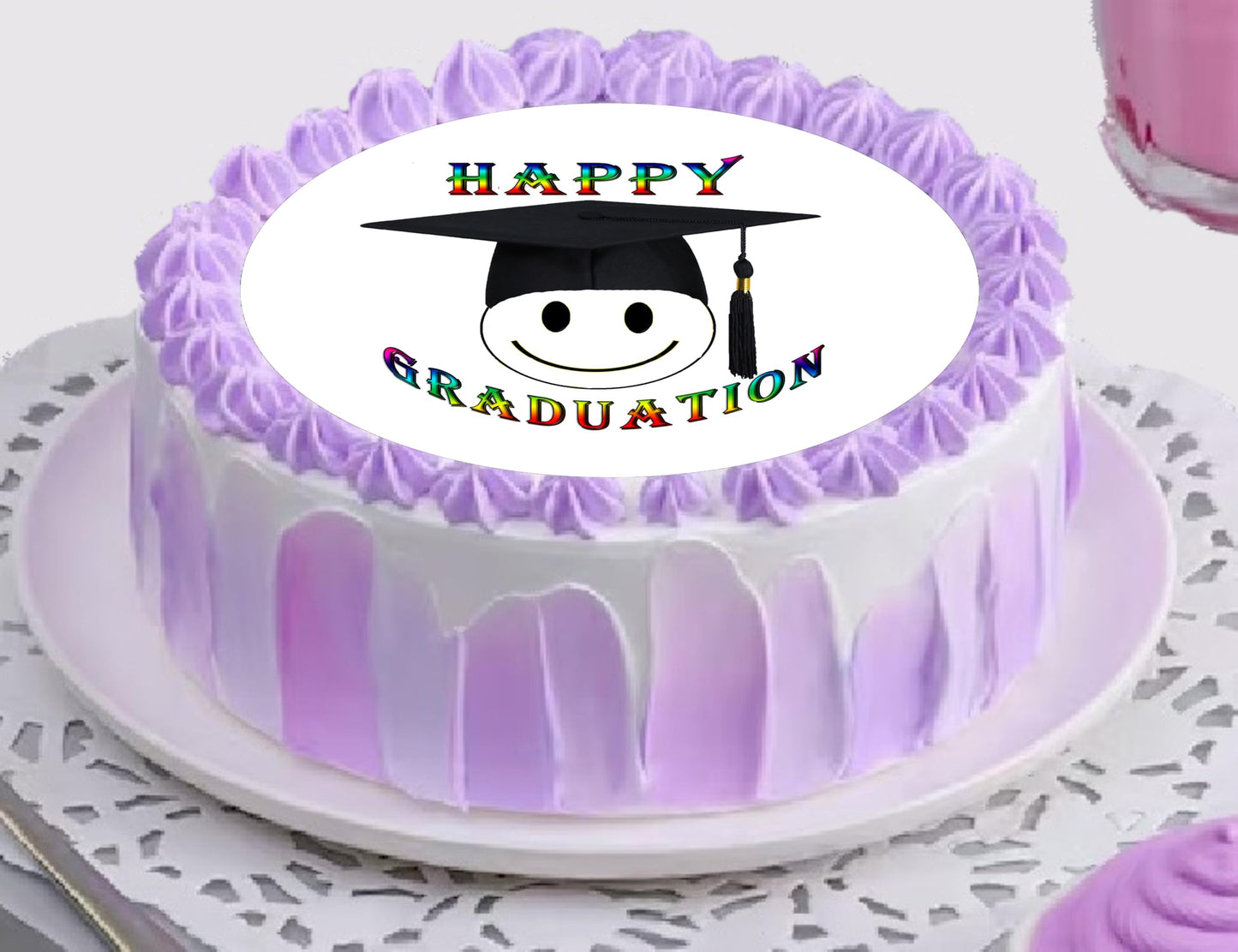 Edible Icing Images Cake Topper with Happy Face Graduation-themed decoration