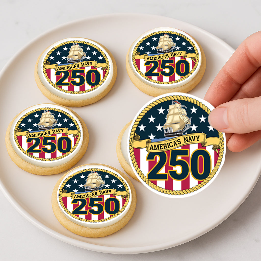 Custom Edible Cake Topper Happy Navy 250 Birthday USA Design – Icing Sheet Cookie & Cupcake Images –20 Pre-cut 2” Round– RA Pape