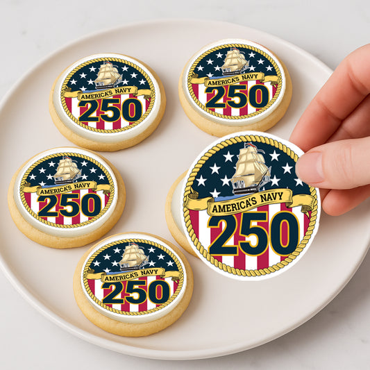Custom Edible Cake Topper Happy Navy 250 Birthday USA Design – Icing Sheet Cookie & Cupcake Images –20 Pre-cut 2” Round– RA Pape