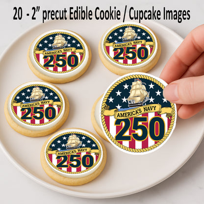 Edible cookie and cupcake images with 'America's Navy 250' design on a plate.