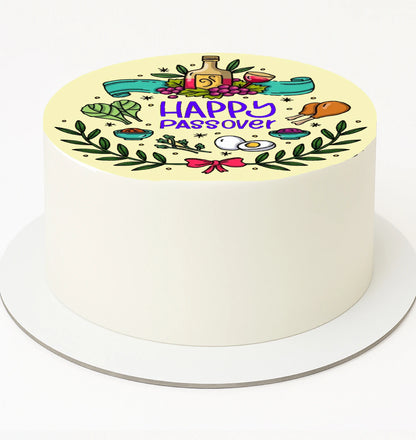 Edible image cake topper with Passover-themed decorations.