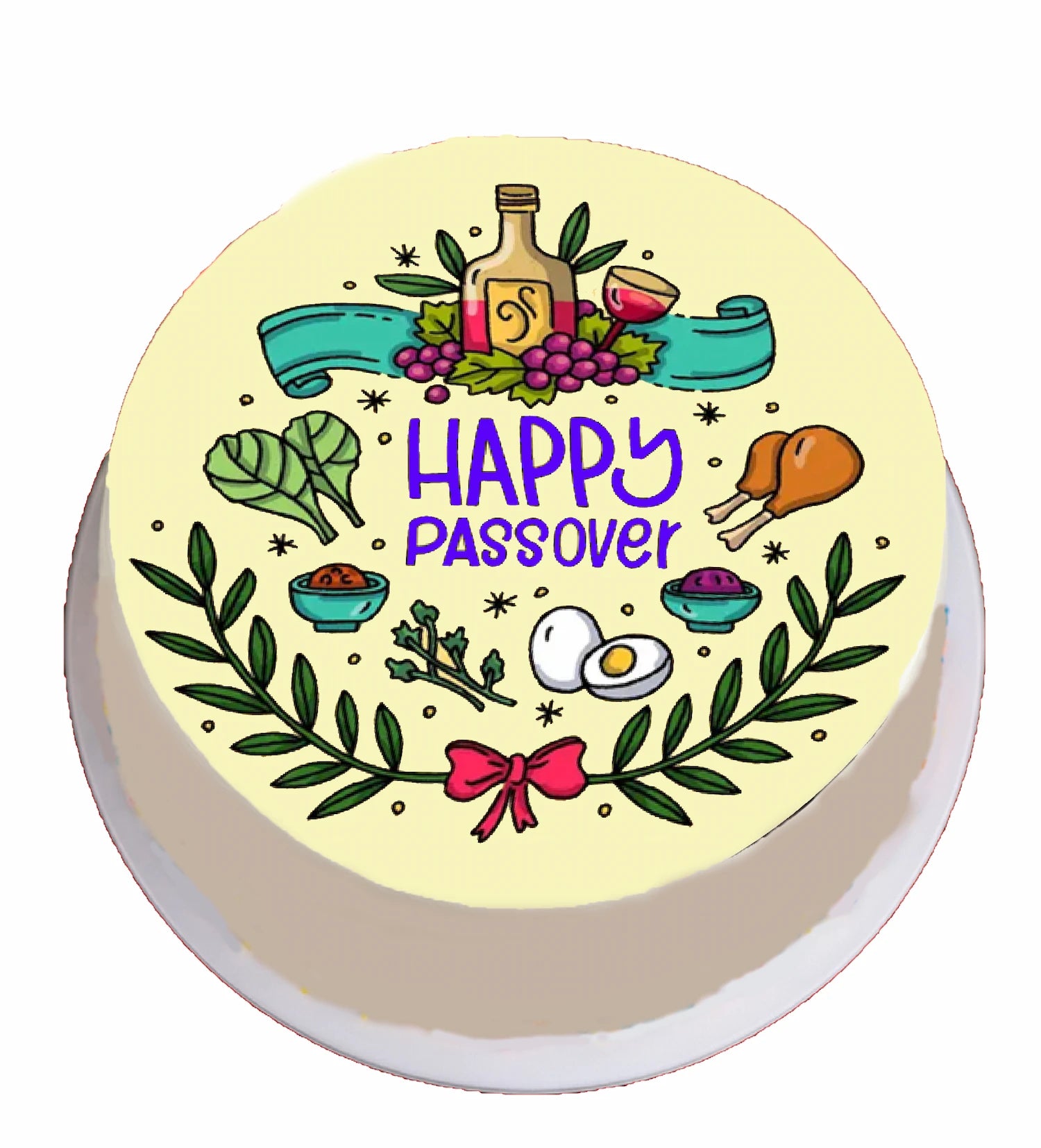 Round edible icing cake topper  with 'Happy Passover' design featuring traditional symbols.