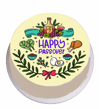 Round edible icing cake topper  with 'Happy Passover' design featuring traditional symbols.
