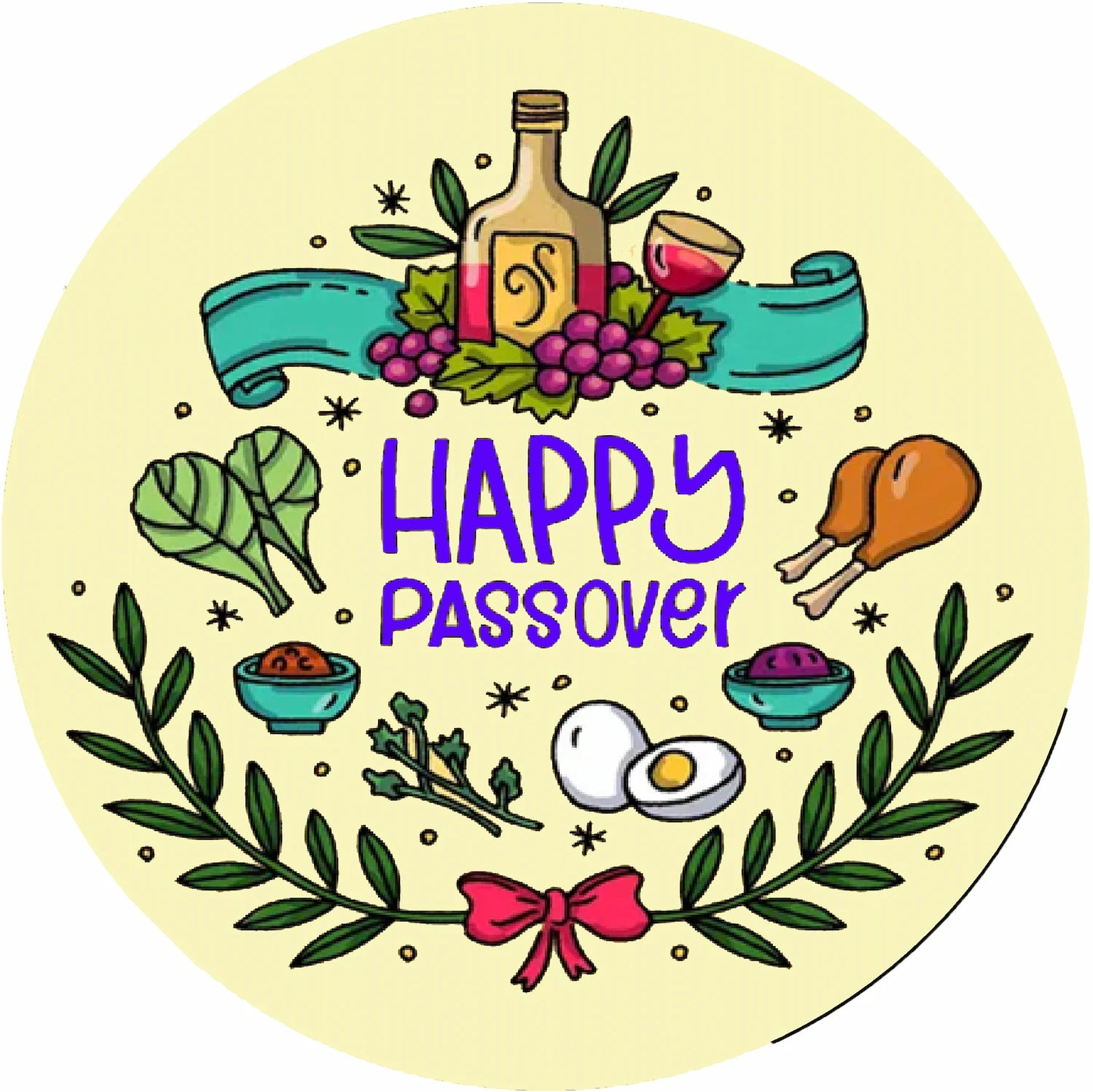 Precut round edible icing image design with Passover symbols and 'Happy Passover' text.