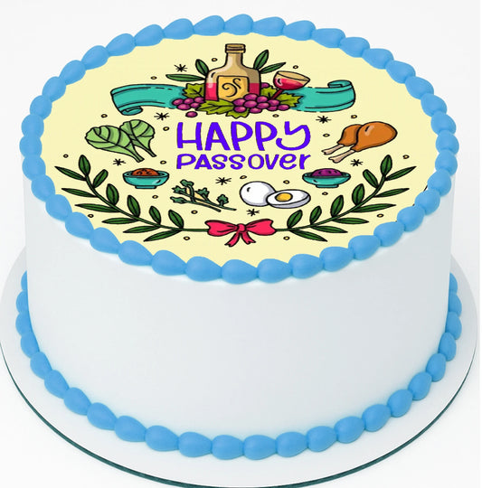 Passover-themed cake topper with decorative elements and 'Happy Passover' text on edible image