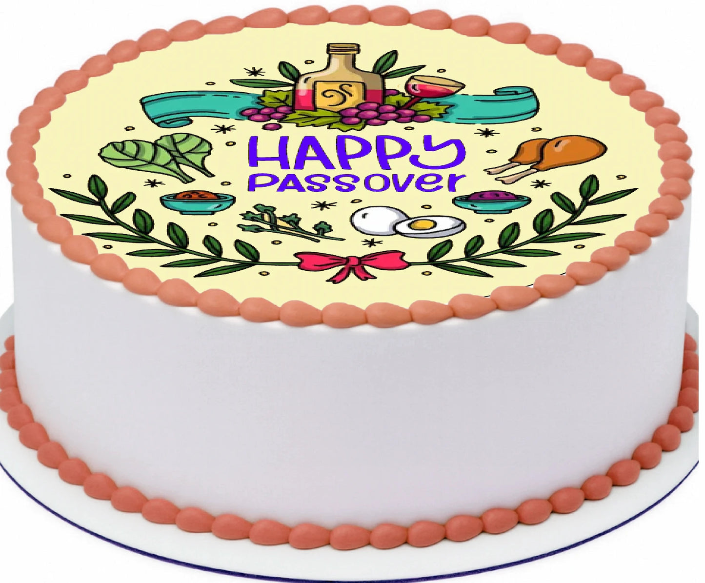 Passover-themed cake topper with colorful decorations and 'Happy Passover' text edible icing image.