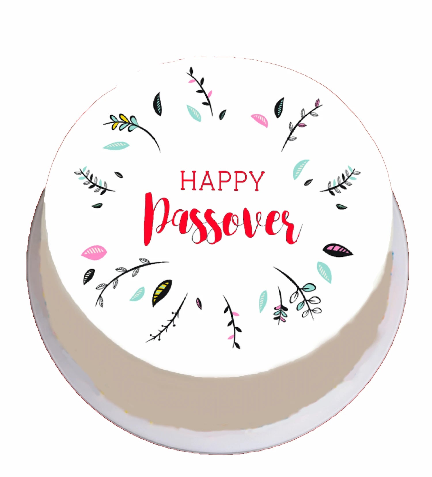 Round cake edible image topper with 'Happy Passover' text and floral designs