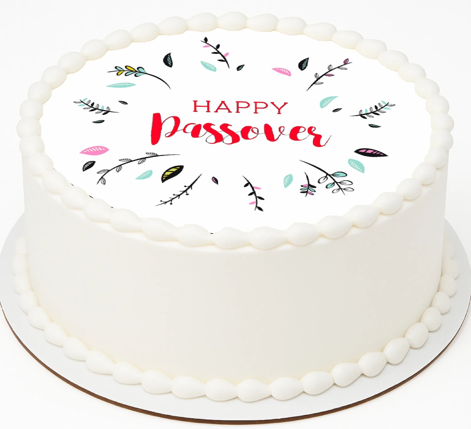 Cake topper 'Happy Passover' text and floral designs on a edible image