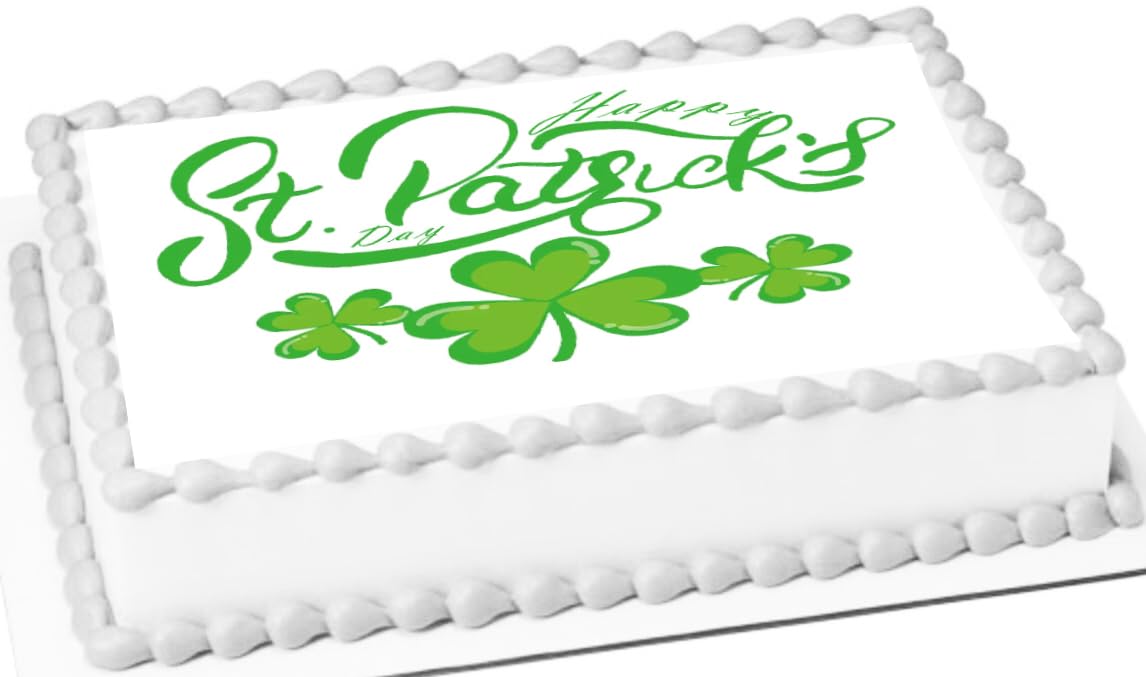 Edible Image with green 'Happy St. Patrick's Day' text and shamrock decorations