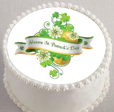 Round edible image with decorative topper for St. Patrick's Day.