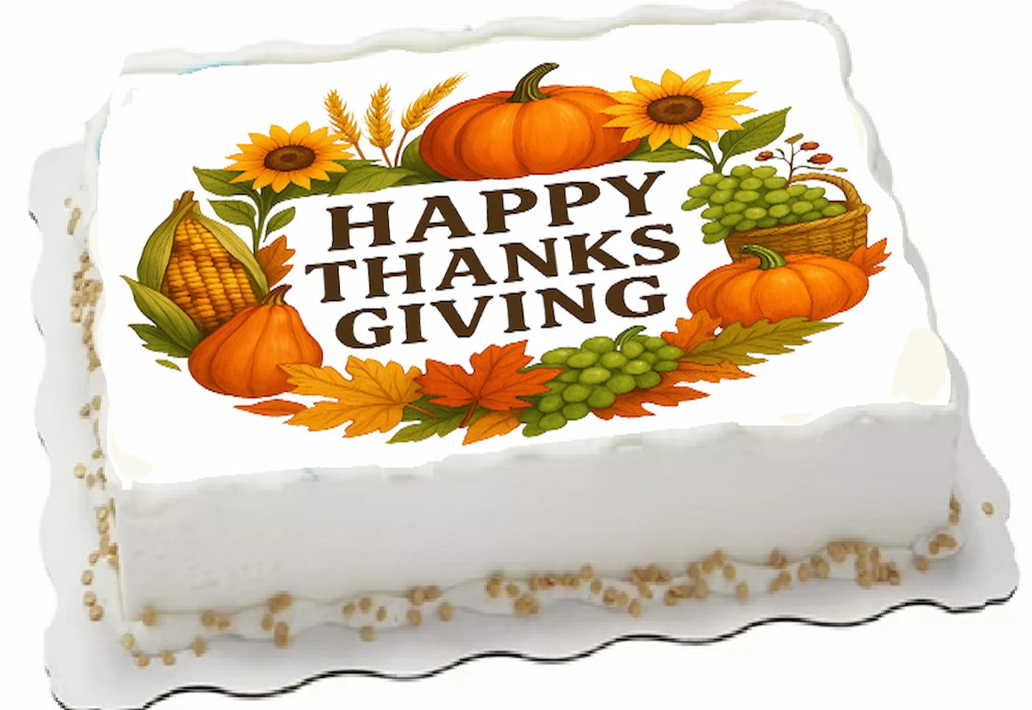 Thanksgiving-themed edible icing cake  topper on a cake with pumpkins, sunflowers, and corn.
