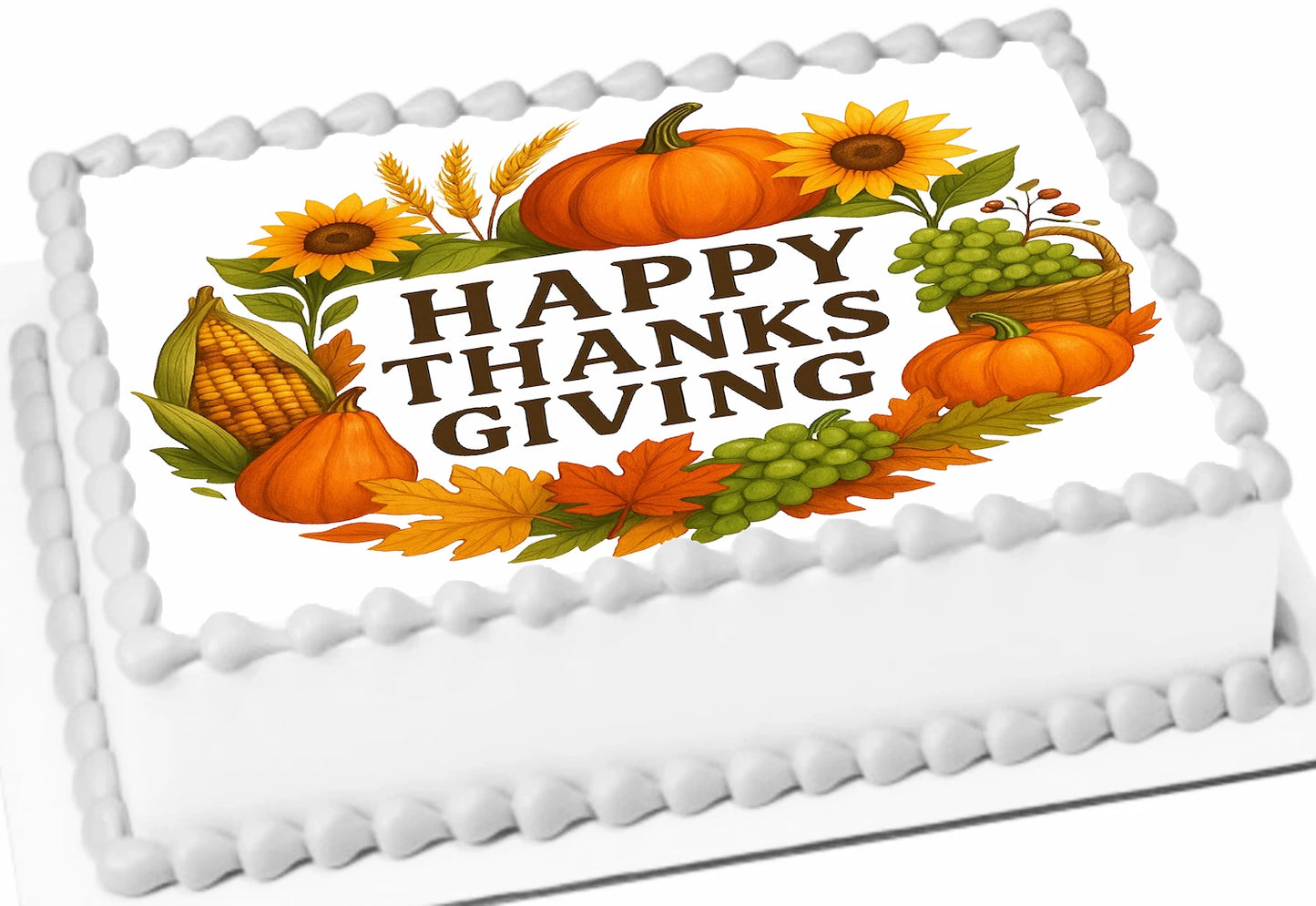 Thanksgiving-themed wreath cake topper icing image with pumpkins, corn, sunflowers, and the text 'Happy Thanksgiving'.
