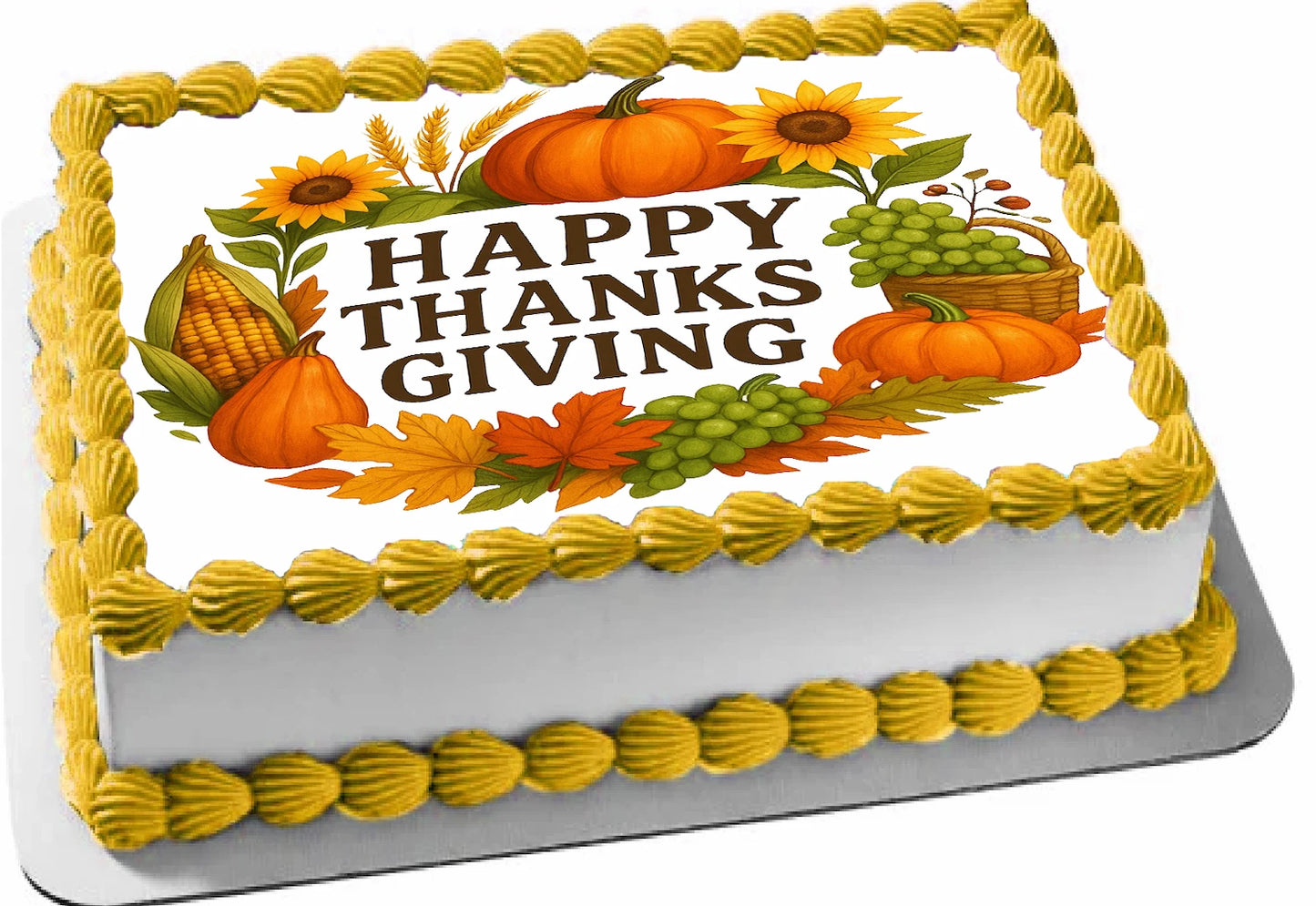 Thanksgiving-themed cake topper edible image with pumpkins, corn, and sunflowers.
