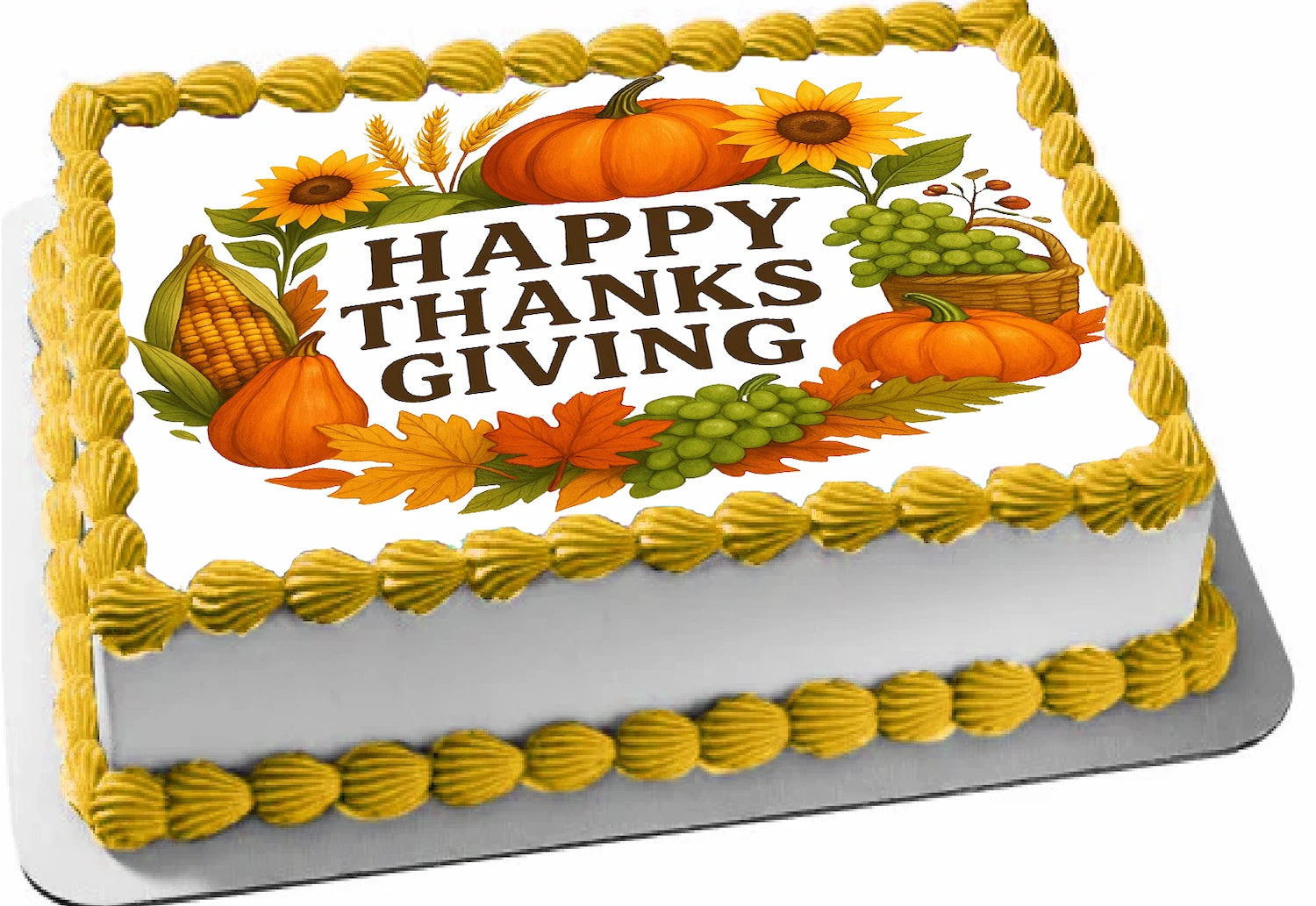 Thanksgiving-themed cake topper edible image with pumpkins, corn, and sunflowers.