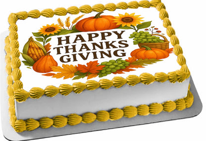 Thanksgiving-themed cake topper edible image with pumpkins, corn, and sunflowers.