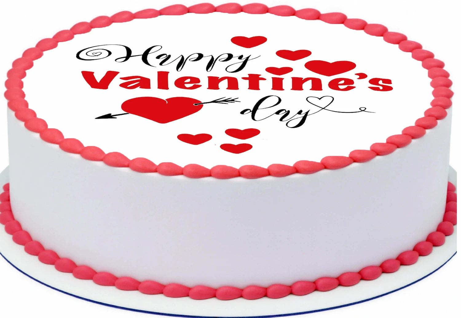 Edible image 'Happy Valentine's Day' text and red hearts on a precut cake topper