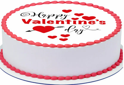 Edible image 'Happy Valentine's Day' text and red hearts on a precut cake topper