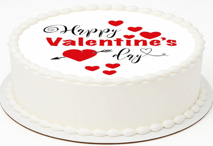 Edible icing images with 'Happy Valentine's Day' text and red hearts and arrow cake topper