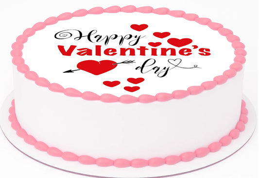 Precut edible image with 'Happy  Valentines Day' text with hearts and arrow on a cake topper