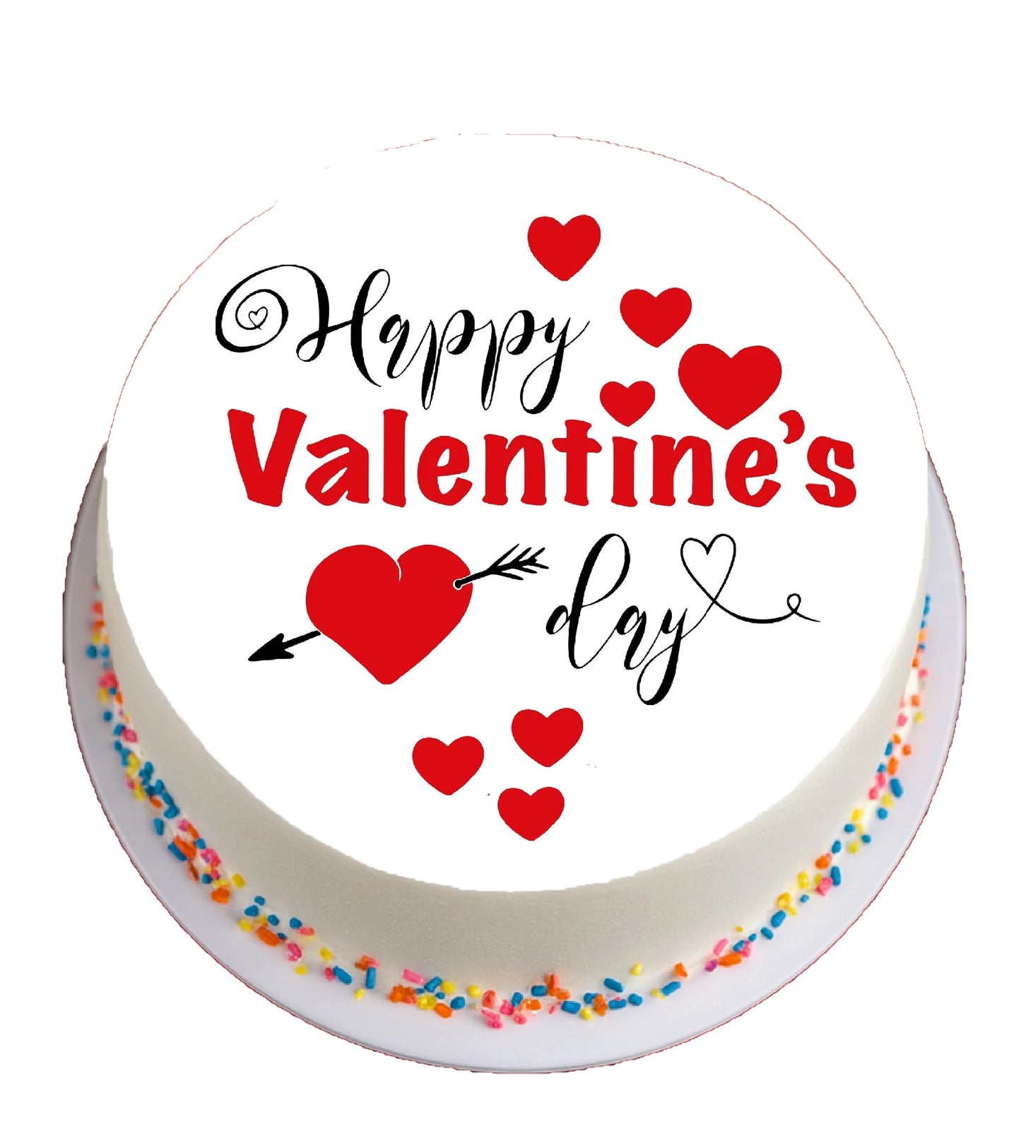 Cake topper with 'Happy Valentine's Day' text and red hearts on a edible image