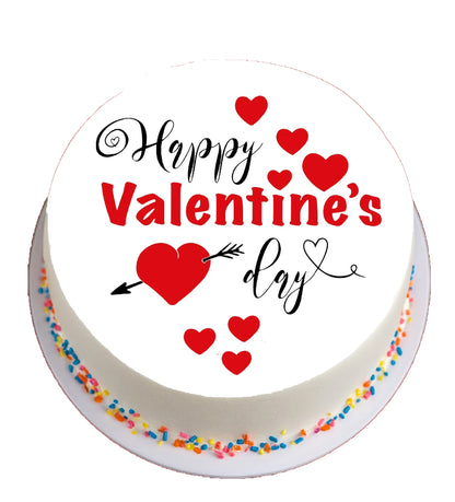 Cake topper with 'Happy Valentine's Day' text and red hearts on a edible image