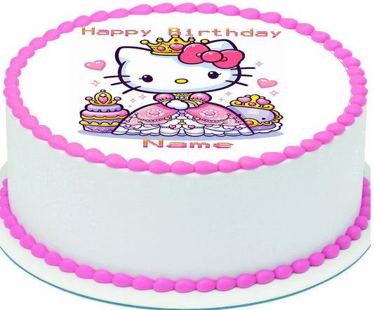 Birthday cake topper edible image with Hello Kitty design and customizable name